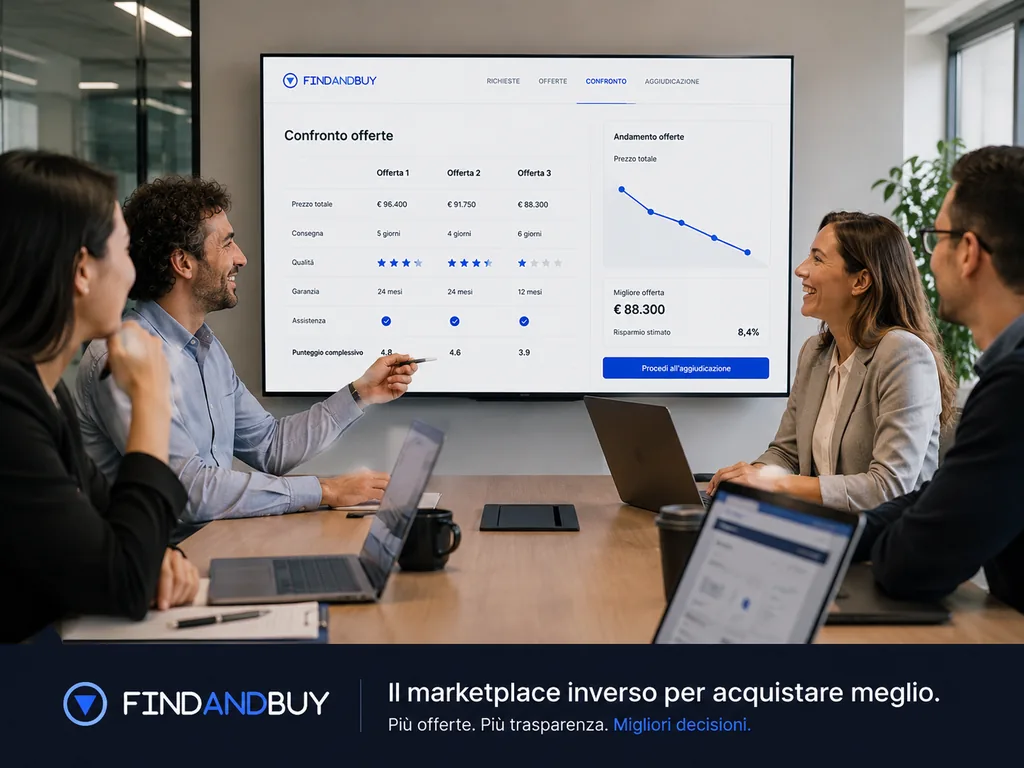 Immagine generata con IA: due persone confrontano su tablet e laptop le offerte ricevute per una richiesta pubblicata.