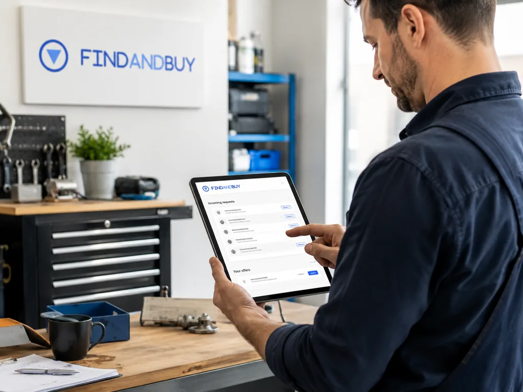 Immagine generata con IA: un fornitore consulta su un tablet, nella propria officina, le richieste in arrivo e le offerte inviate sulla piattaforma.