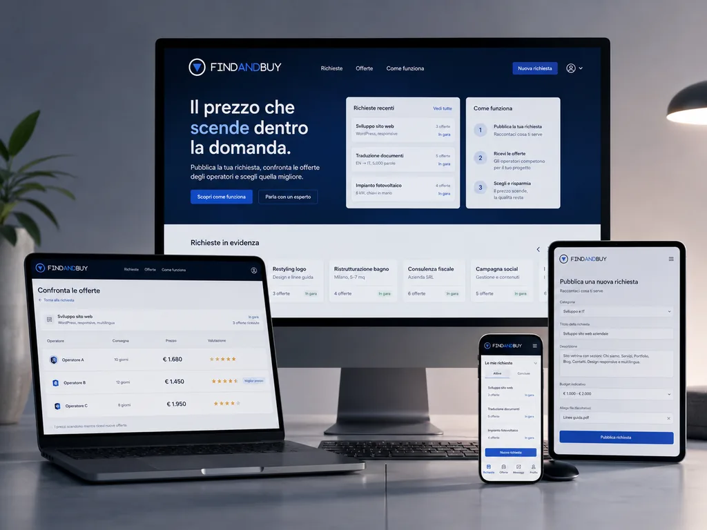 Immagine generata con IA: panoramica della piattaforma vista da laptop, tablet e smartphone, con richieste, offerte e pubblicazione di una nuova richiesta.